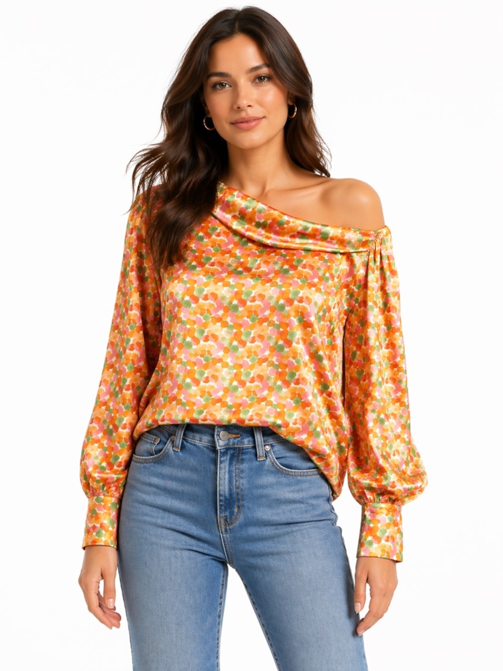 NWT Endless Blu Boutique Drape Shoulder Floral Print Cuff Neckline Button Sleeve
